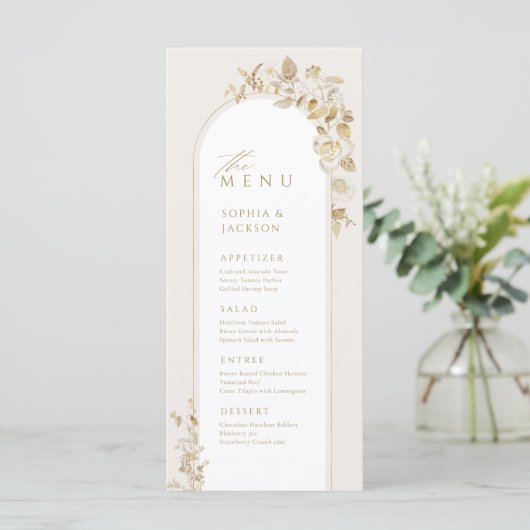 Elegant Gold Botanical Floral Arch Wedding Menu (Staand voorkant)