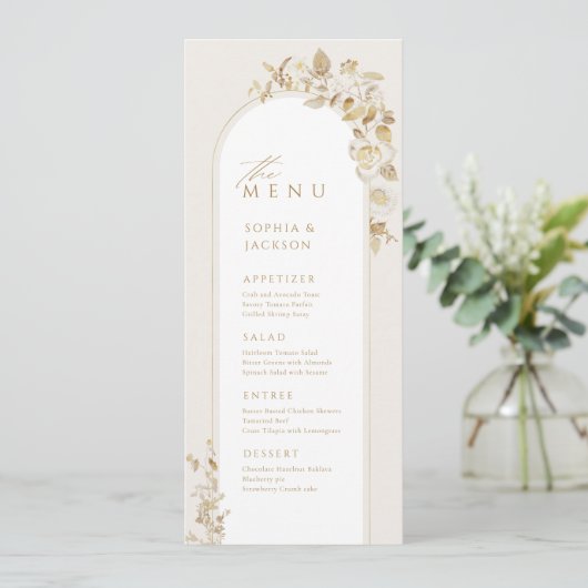 Elegant Gold Botanical Floral Arch Wedding Menu (Staand voorkant)