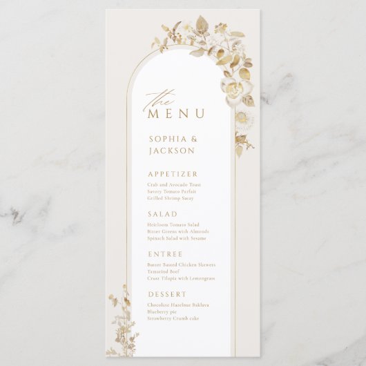 Elegant Gold Botanical Floral Arch Wedding Menu (Voorkant)