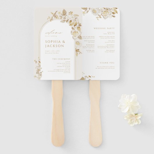 Elegant Gold Botanical Floral Arch Wedding Program Handwaaier (Voorkant en achterkant)