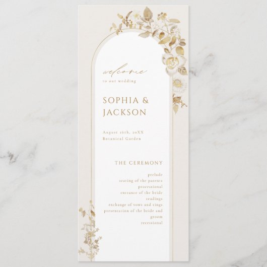 Elegant Gold Botanical Floral Arch Wedding Programmakaart (Voorkant)
