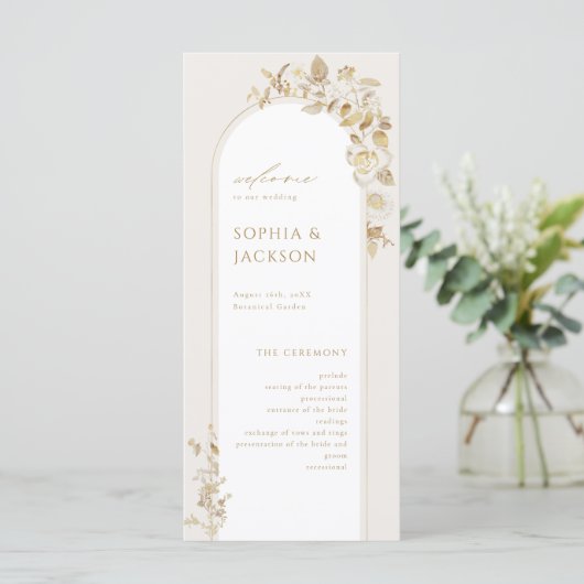 Elegant Gold Botanical Floral Arch Wedding Programmakaart (Staand voorkant)
