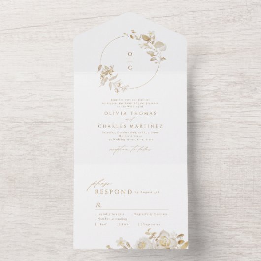 Elegant Gold Botanical Floral Weddenschap Monogram All In One Uitnodiging (Binnen)