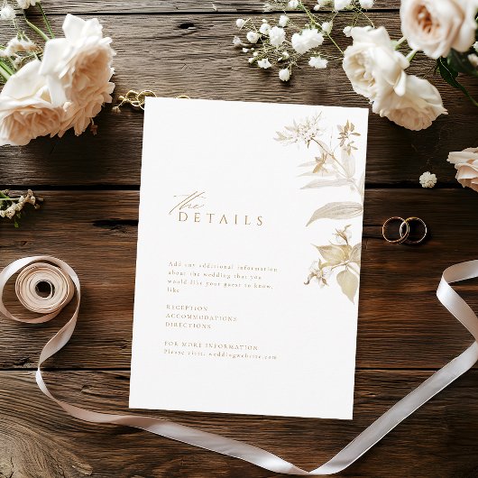 Elegant Gold Botanical Floral Wedding Details Informatiekaartje