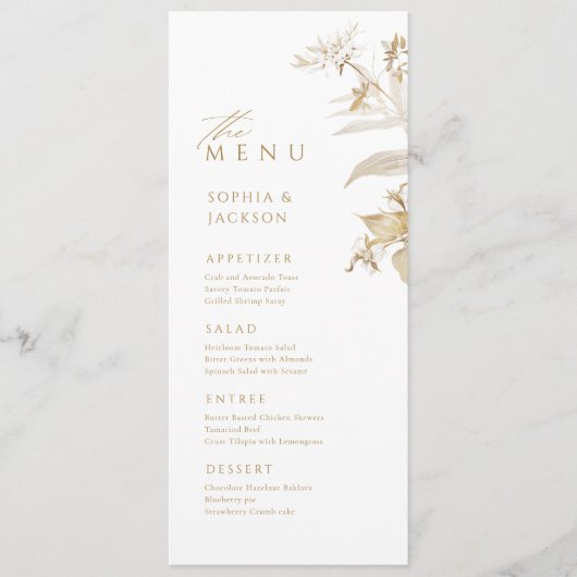 Elegant Gold Botanical Floral Wedding Menu (Voorkant)