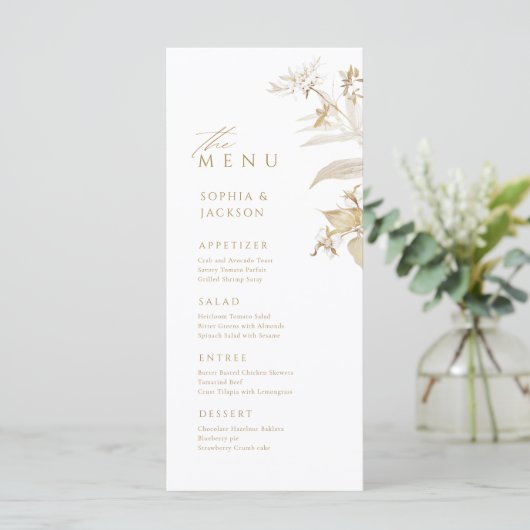 Elegant Gold Botanical Floral Wedding Menu (Staand voorkant)