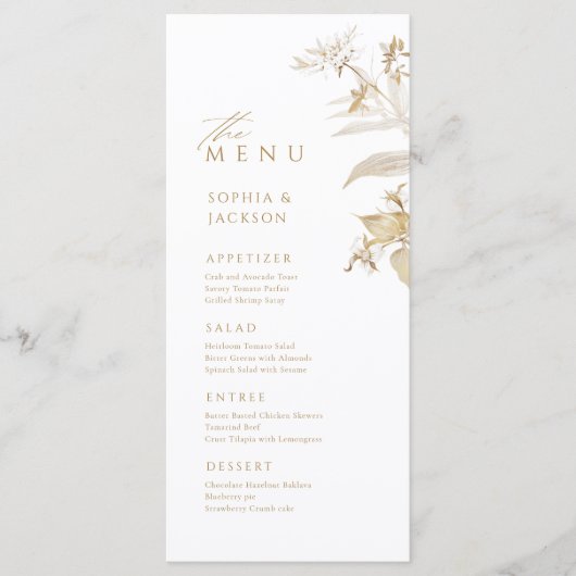 Elegant Gold Botanical Floral Wedding Menu (Voorkant)