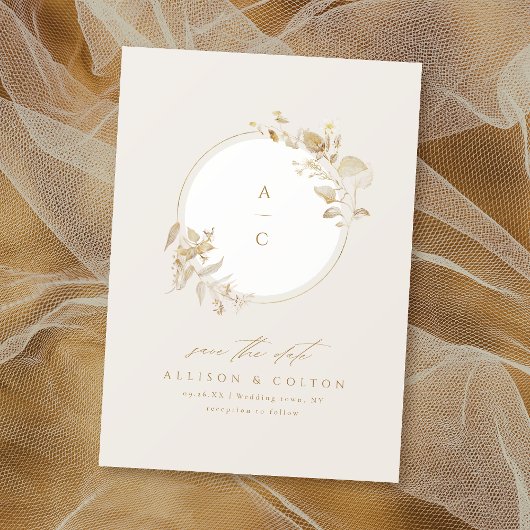 Elegant Gold Botanical Floral Wreatmonogram Save The Date