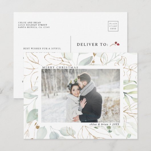 Elegant Gold Botanical Greenery Photo Holiday Post Briefkaart (Voorkant / Achterkant)