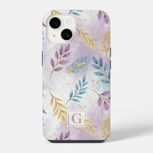 Elegant Gold Botanical Marble Mongram iPhone Hoesje (Achterkant)