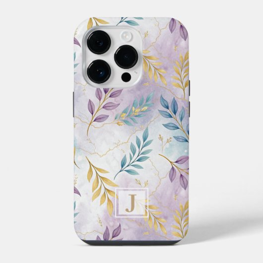 Elegant Gold Botanical Marble Mongram iPhone Hoesje (Achterkant)