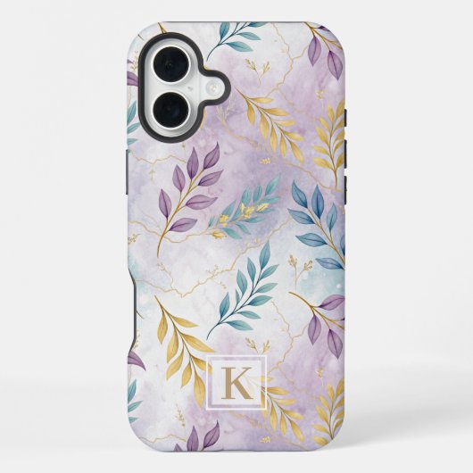 Elegant Gold Botanical Marble Mongram iPhone Hoesje (Achterkant)
