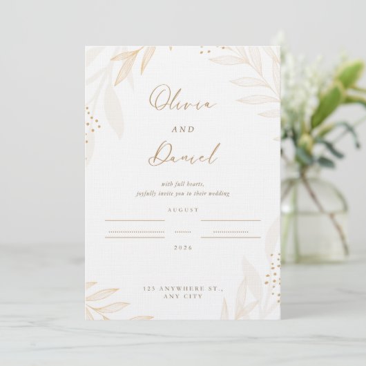 Elegant Gold Botanical Wedding Invitation | Editab Kaart (Staand voorkant)