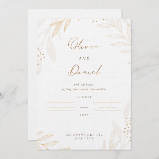Elegant Gold Botanical Wedding Invitation | Editab Kaart (Voorkant / Achterkant)