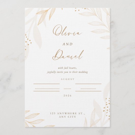 Elegant Gold Botanical Wedding Invitation | Editab Kaart (Voorkant)