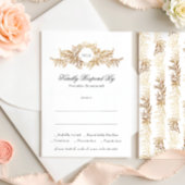 elegant gold botanical wreath monogram wedding RSVP kaartje
