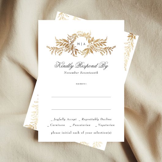 elegant gold botanical wreath monogram wedding RSVP kaartje