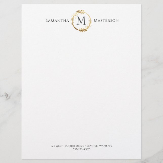 Elegant Gold Botanical Wreatmonogram Briefhoofd (Voorkant)
