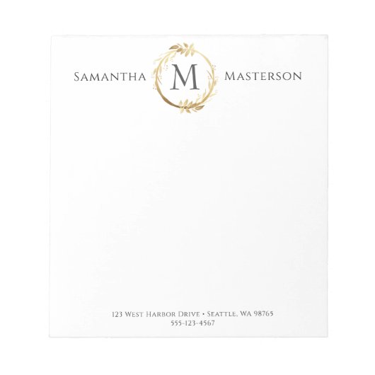 Elegant Gold Botanical Wreatmonogram Initiaal Notitieblok (Voorkant)