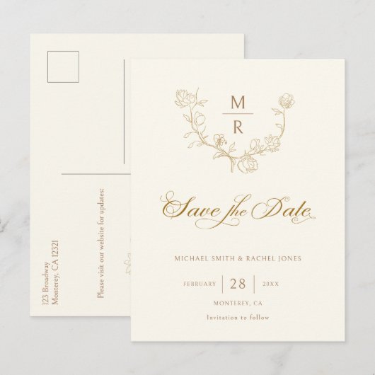 Elegant Gold Botanische Calligrafie Sparen de Datu Aankondigingskaart (Voorkant / Achterkant)