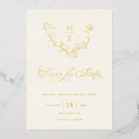 Elegant Gold Botanische Calligrafie Sparen de Datu Folie Uitnodiging (Voorkant)