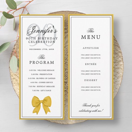 Elegant Gold Bow 90th Birthday Program + Menu  Kaart