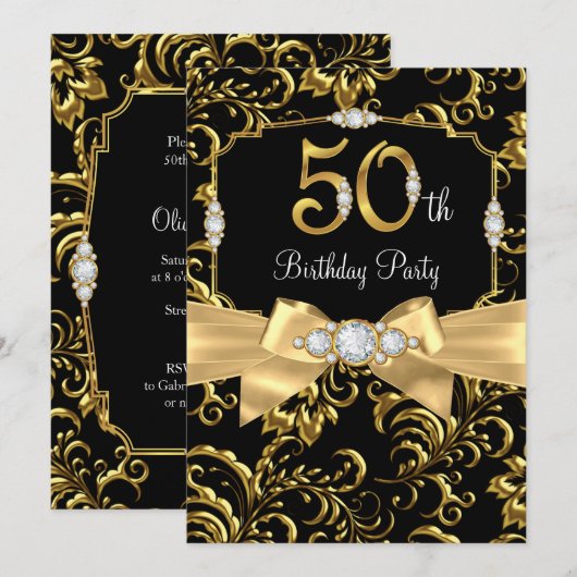 Elegant Gold Bow Black Diamond 50e verjaardag Kaart (Voorkant / Achterkant)