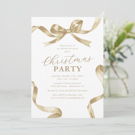Elegant Gold Bow Christmas Holiday Party Kaart (Staand voorkant)
