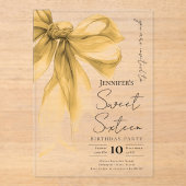 Elegant Gold Bow Coquette Script Sweet 16 Party Acryl Uitnodigingen (Voorkant)