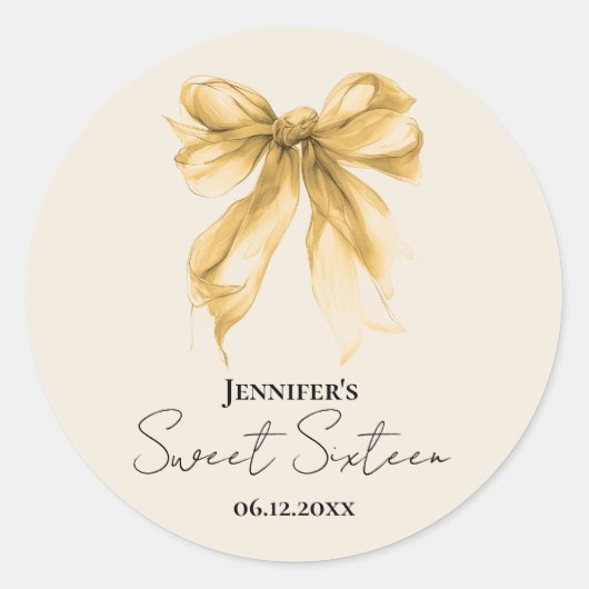 Elegant Gold Bow Coquette Script Sweet 16 Party Ronde Sticker (Voorkant)