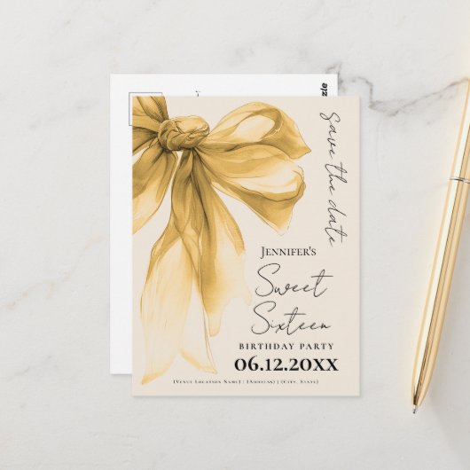 Elegant Gold Bow Coquette Sweet 16 Save the Date  Briefkaart (Voorkant / Achterkant in situ)