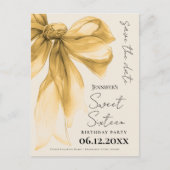 Elegant Gold Bow Coquette Sweet 16 Save the Date  Briefkaart (Voorkant)