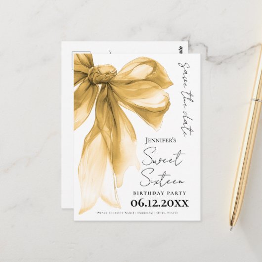 Elegant Gold Bow Coquette Sweet 16 Save the Date  Briefkaart (Voorkant / Achterkant in situ)