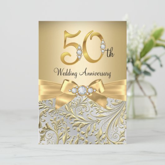 Elegant Gold Bow Diamond 50e Jubileum Kaart (Staand voorkant)
