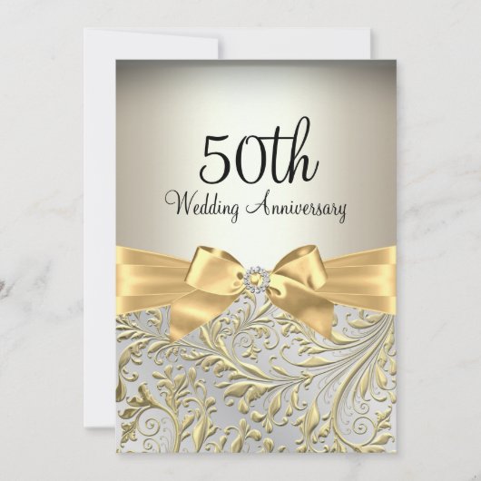 Elegant Gold Bow & Floral Swirl 50e Jubileum Kaart (Voorkant)