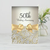 Elegant Gold Bow & Floral Swirl 50e Jubileum Kaart (Staand voorkant)