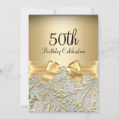 Elegant Gold Bow Floral Swirl 50th Birthday Party Kaart (Voorkant)