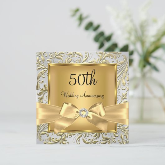 Elegant Gold Bow Floral Swirl 50th Jubileum sq Kaart (Staand voorkant)
