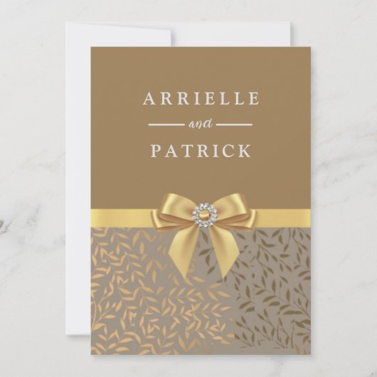 Elegant Gold Bow Golden Leaf Wedding Uitnodiging (Voorkant)