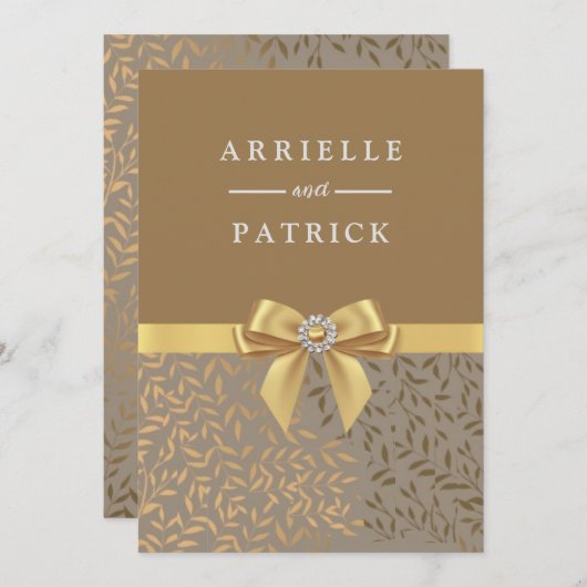 Elegant Gold Bow Golden Leaf Wedding Uitnodiging (Voorkant / Achterkant)