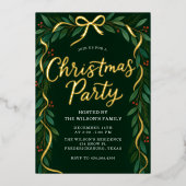 Elegant Gold Bow Greenery Christmas Party Folie Uitnodiging (Voorkant)