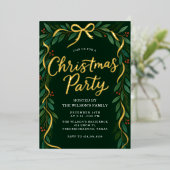 Elegant Gold Bow Greenery Christmas Party Folie Uitnodiging (Staand Voorkant)
