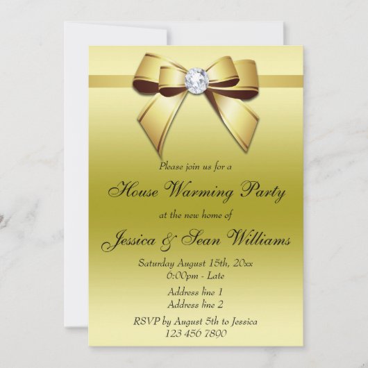 Elegant Gold Bow House Warming Party Kaart (Voorkant)