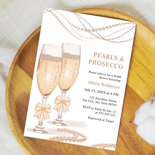Elegant Gold Bow Pearls and Prosecco Bridal Shower Kaart