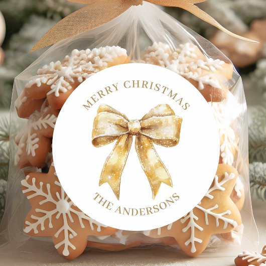 Elegant Gold Bow Personalized Christmas Ronde Sticker