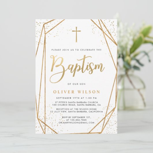 Elegant Gold Boy Baptism Invitation Kaart (Staand voorkant)