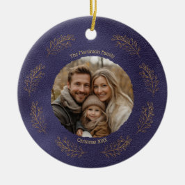 Elegant Gold Branches Family Photo Christmas Blue Keramisch Ornament