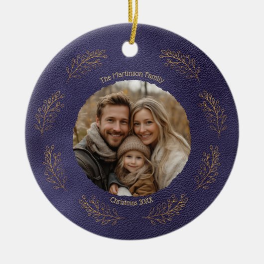 Elegant Gold Branches Family Photo Christmas Blue Keramisch Ornament (Voorkant)