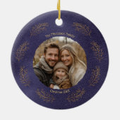 Elegant Gold Branches Family Photo Christmas Blue Keramisch Ornament (Achterkant)