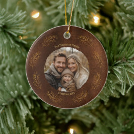 Elegant Gold Branches Family Photo Christmas Brown Keramisch Ornament